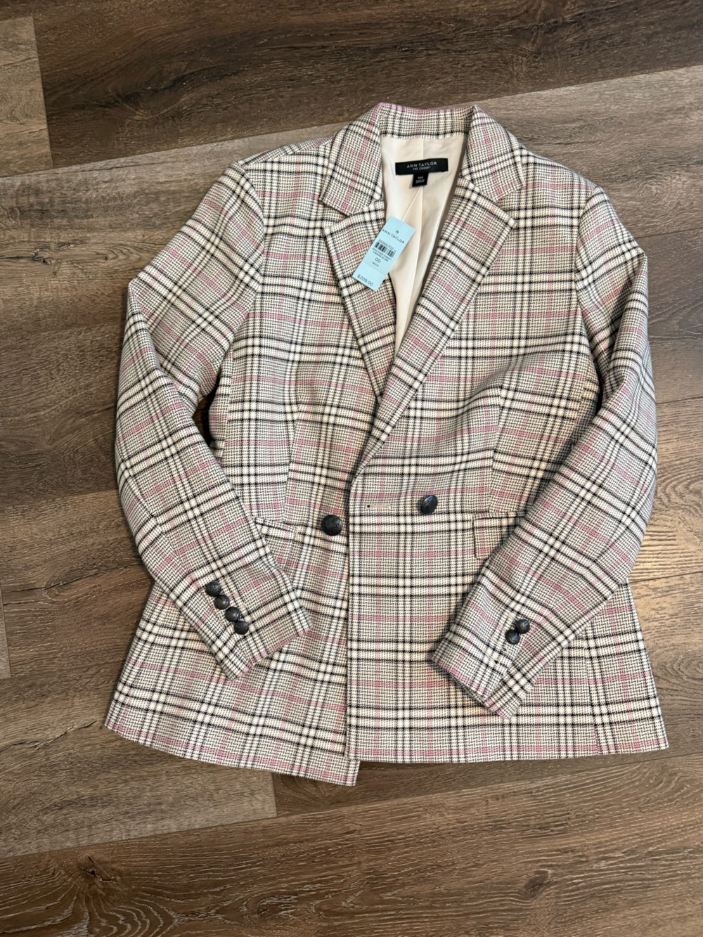 Women’s Plaid Blazer in Beige with Pink Accents